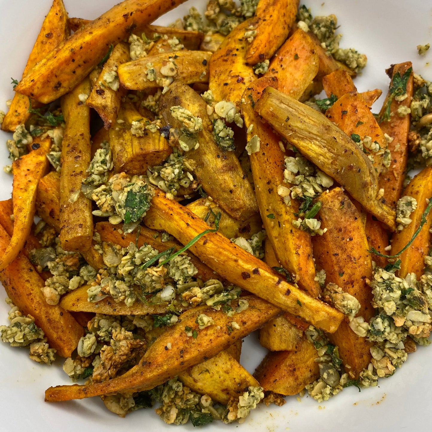 Amber Waves Spiced Roasted Sweet Potatoes with Pumpkin Seed Gremolata, serves 6-8 ppl  (GF, VE)